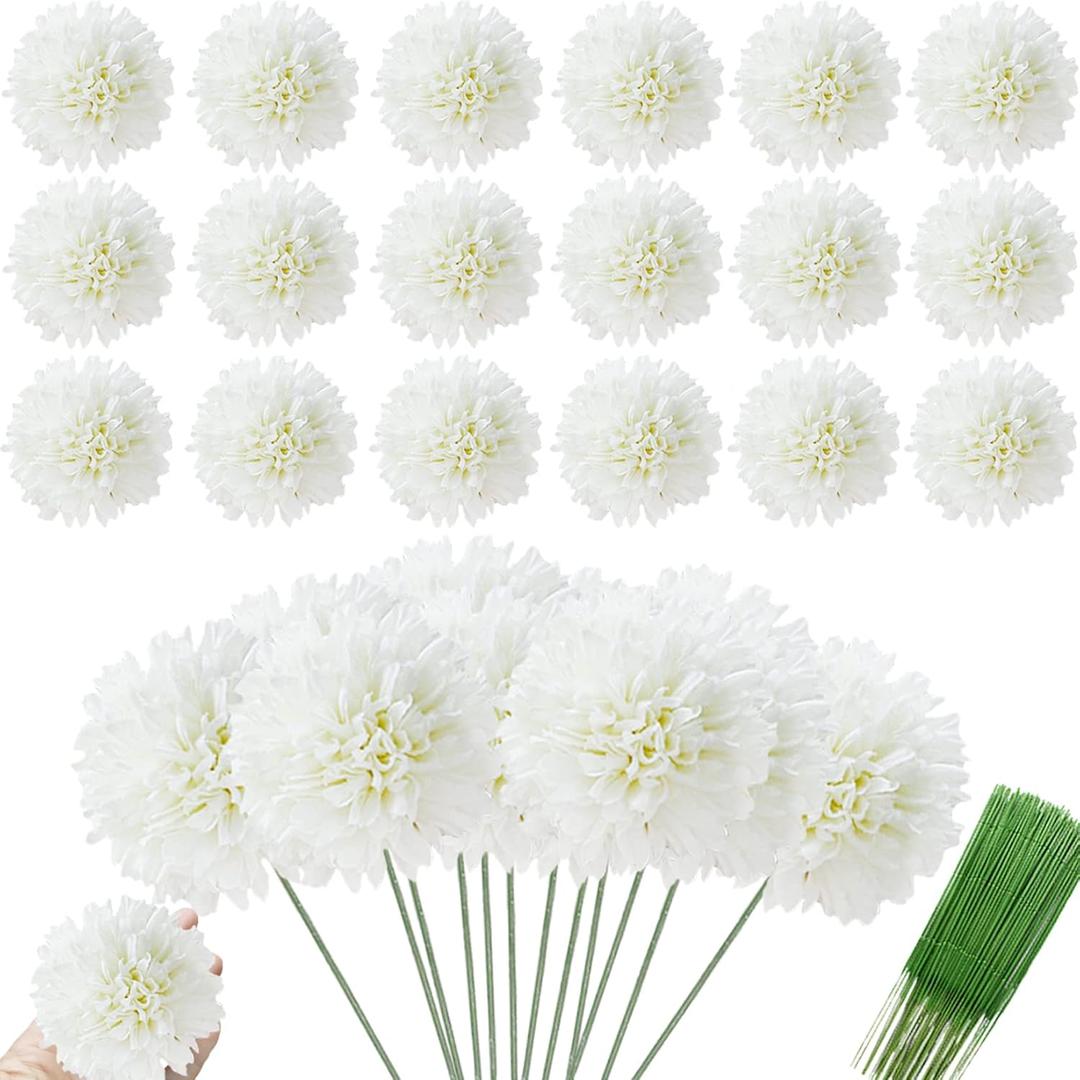 HinyoCo 30 Pcs Artificial Chrysanthemums Heads Ball FlowersSilk Chrysanthemum Ball Bouquet White Bouquets Hydrangea for Home Office Coffee House Parties and WeddingMilk White