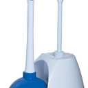 Mr. Clean Toilet Plunger and Bowl Brush Combo with Caddy, 3-Piece Heavy-Duty Plunger, Toilet Brush, and Caddy Set, White/Blue