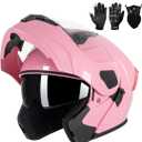 Adult Modular Motorcycle Helmets, DOT Approved Flip up Dual Visor Full Face Helmet for Men Women Moto ATV UTV Snowmobile ADV Four Wheeler Street Bike with Gloves & Mask, Medium, Pink