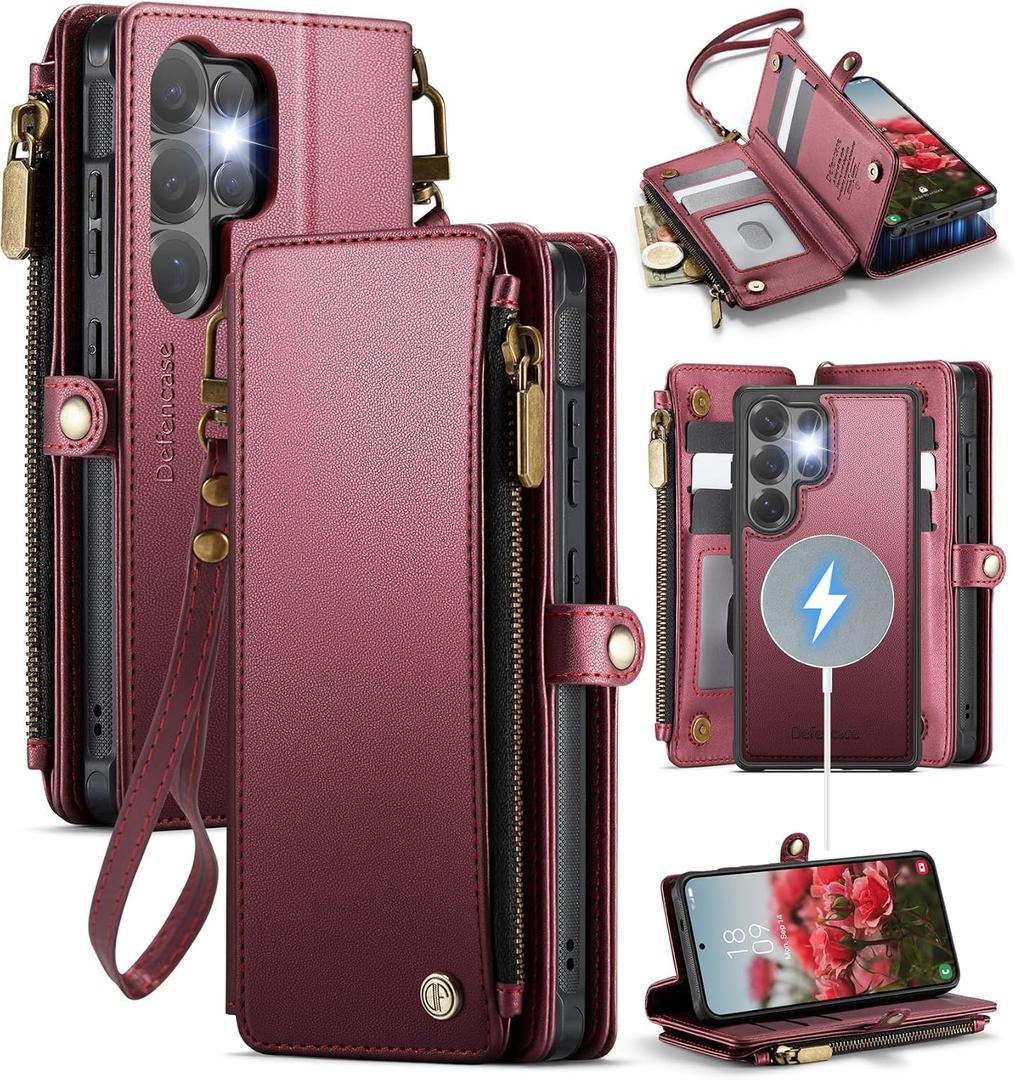 Defencase for Samsung Galaxy S26 Ultra Magnetic Wallet Case Compatible with Magsafe with RFID Blocking Zipper & Card Holder Women, PU Leather Detachable Phone Case for Galaxy S26 Ultra 6.9", Wine Red