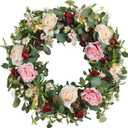 WANNA-CUL 24 Inch Large Spring Rose Wreaths for Front Door,Spring Front Door Wreath with Pink and Wine Red Floral Door Wreath with Eucalyptus Leaves for Wedding or Indoor&Outdoor Decorations