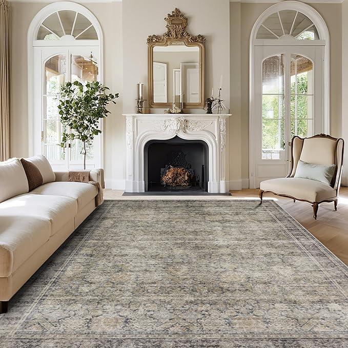 Washable Rugs 8x10 Area Rugs for Living Room,Bedroom and Dining Room-Large Ultra Soft Faux Wool Retro Carpets,Non Slip&Non-Shedding Low Pile Vintage Print Home Office Rug-Brass Green-Brown-Olive