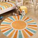 Boho Classroom Rug 4Ft, Round Washable Accent Rug for Kids Colorful Sun Rainbow Throw Carpet for Living Room Cute Soft Thin Non-Slip Low Pile Circle Rug for Nursery Bedroom Playroom (4' Diameter, Sun-2)