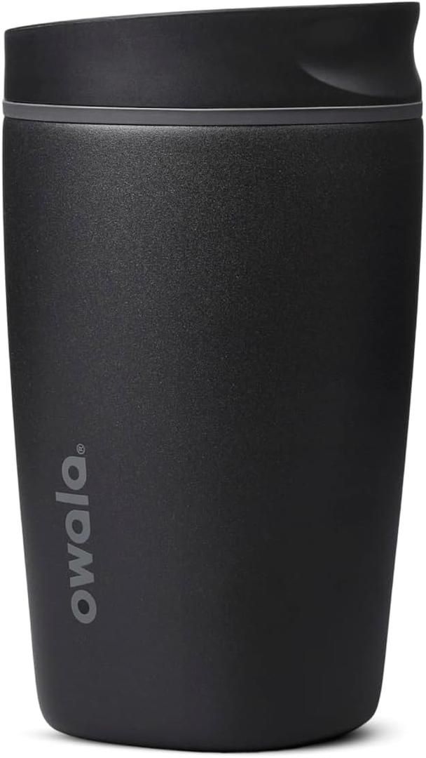 Owala SmoothSip Slider Ceramic-Lined Insulated Stainless Steel Coffee Tumbler, No Metallic Taste Reusable Travel Mug, Hot Iced Coffee Cup, BPA Free 12 oz, Very, Very Dark