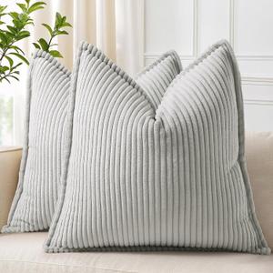 decorUhome Summer Corduroy Grey Euro Sham Throw Pillow Covers 24x24 Set of 2 Decorative Soft Boho Farmhouse Couch Pillow Covers for Living Room Bed Sofa Broadside Striped Pillow Cases