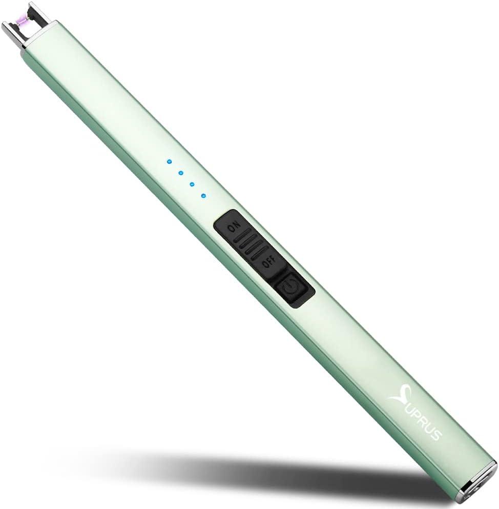 SUPRUS Electric Lighter Arc Windproof Flameless USB Rechargeable Lighter with Safety Lock for Candle BBQ Camping (Green)