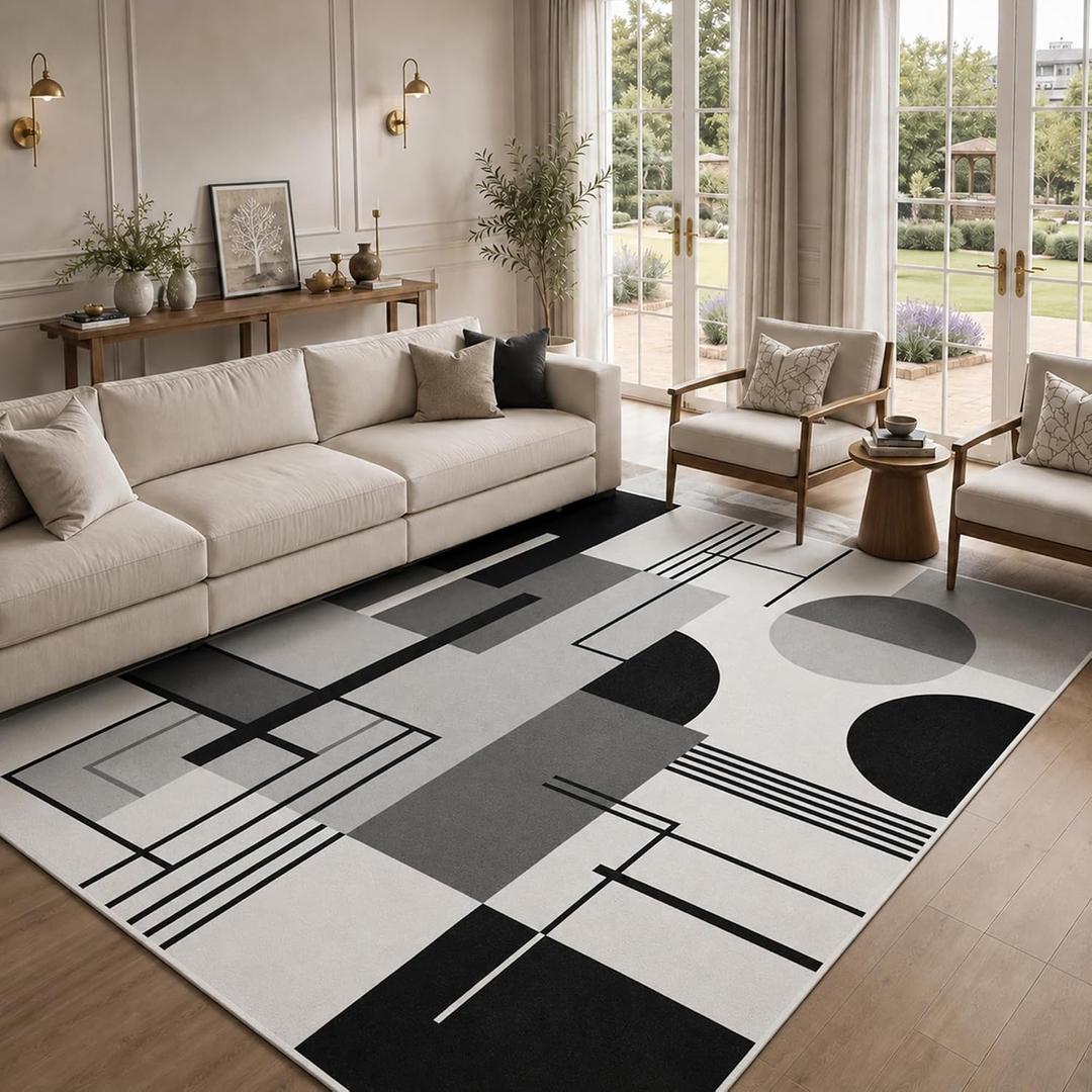 5x7 Modern Area Rug for Living Room Bedroom, Large Washable No-Shedding Faux Wool Geometric Carpet, No-Slip Low-Pile Indoor Decor Rugs for Nursery Dinner Room Office Playroom Dorm(Bauhaus Grey)