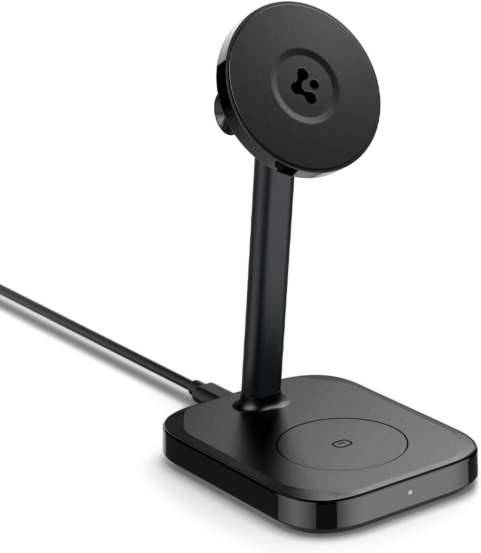 Spigen for MagSafe Wireless Charger Stand, Qi2 2-in-1 Dual Charging Station Compatible with iPhone 17/16/15/14/13/12 Series and AirPods, 15W Fast Charger with Adjustable Stand  Black