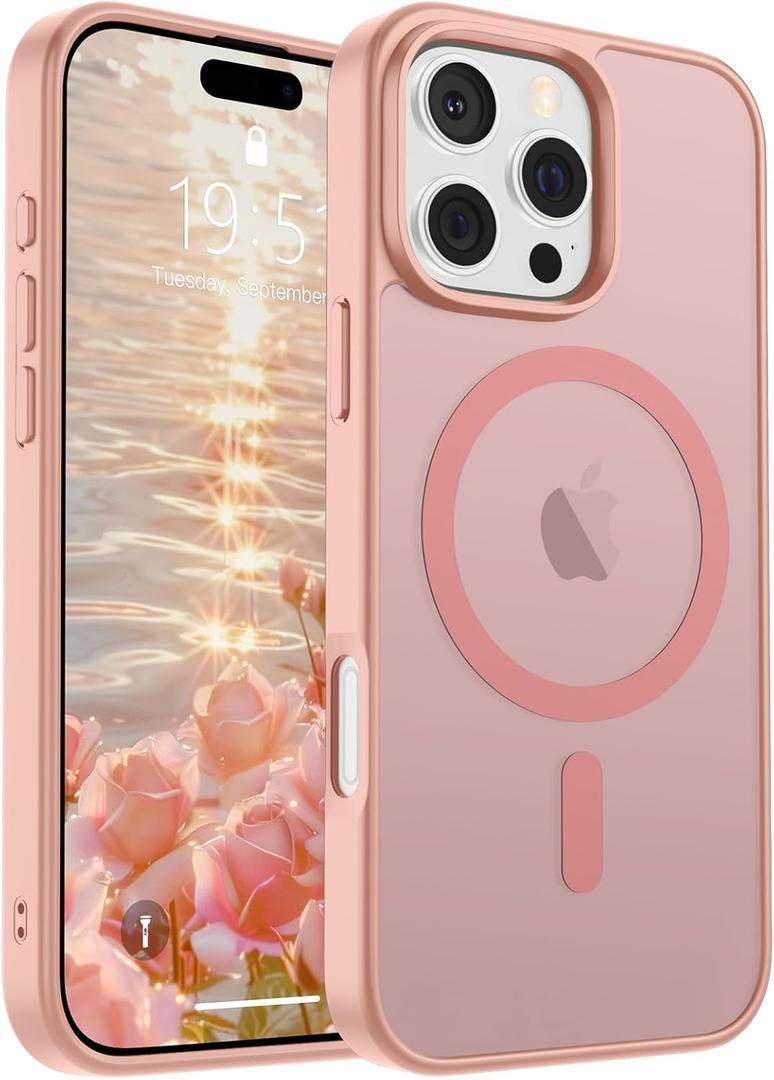 SUPFINE Magnetic for iPhone 16 Pro Max Case (Compatible with MagSafe) (Military Grade Drop Protection) Slim Translucent Matte Shockproof with Anti-Fingerprint Phone Case, Pink