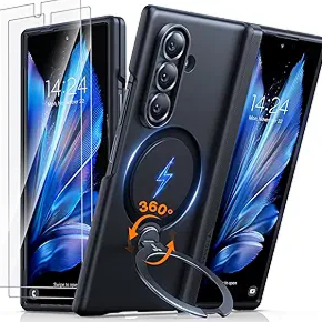 TORRAS 360 Spin Magnetic Stand for Galaxy Z Fold 7 Case, MIL-Grade Hinge Protection, Fit for Magsafe, 360 Kickstand & Ring Holder, Armor Hard Slim Case for Samsung Galaxy Z Fold 7, Black