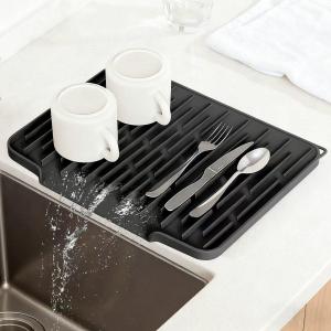 Silicone Kitchen Countertop Dish Drying Mat with Water Collection Tray Non-Slip Pad ( Black)