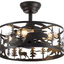 Farmhouse Caged Ceiling Fans with Lights and Remote Control,Rustic Black Chandelier Fan with Bear Deer Design,Flush Mount Low Profile Fandelier for Bedroom,Dining Living Room,Foyer