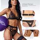 RSLOVE Women Lingerie Sets with Garter Belt 3 Piece Lace Teddy Babydoll Bodysuit (Black, XL)