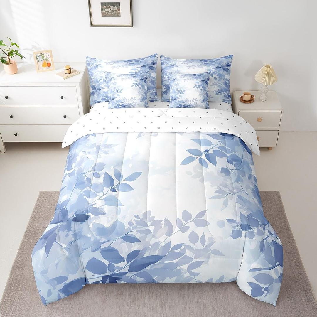 Feelyou Kids Adult Blue Floral 7 Piece Bedding Set King Size Botanical Plants Comforter Set with Sheets for Boys Girls Vintage Floral Leaf Bed in a Bag Bed Set, Blue White