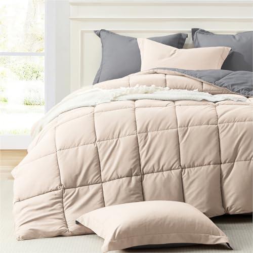 Homelike Moment Queen Comforter Set Beige, Comforters Queen Size Set Lightweight Reversible Down Alternative Bed Comforter Full Size Soft, All Season 3 Piece Sets Grey/Beige