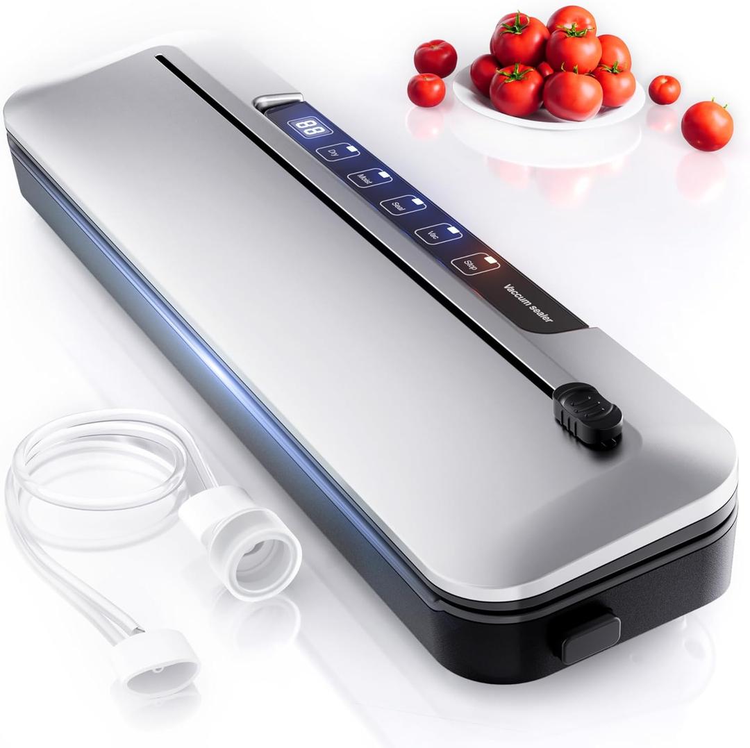 Vacuum Sealer Machine,75Kpa Precision Suction Power 6-in-1 Food Sealer with Digital Timer, Dry & Moist Food Modes, Compact Design with 10 Vacuum Bags & Bulit-in Cutter(Sliver) (Silver)