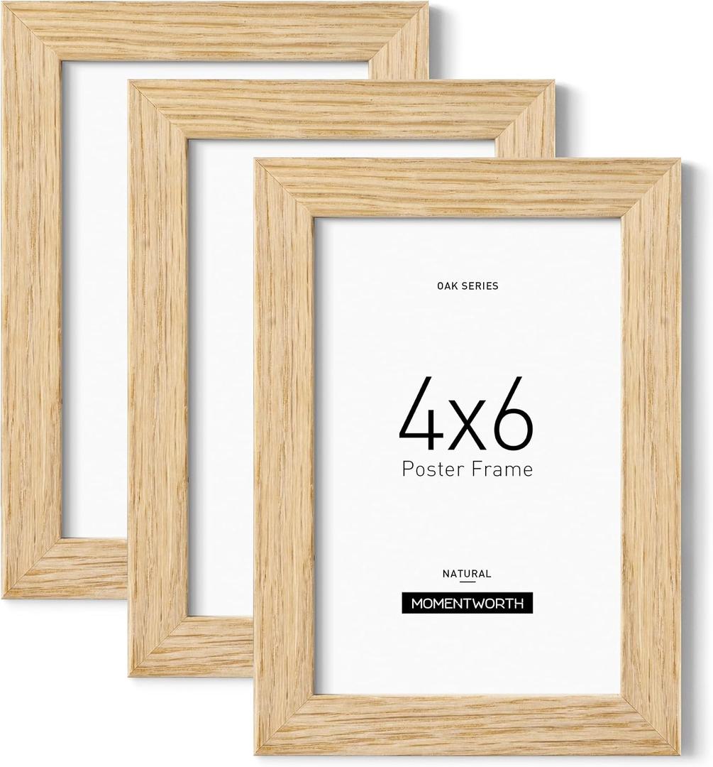 Momentworth 4x6 Picture Frame set of 3, Solid Oak Wood Picture Frames 4x6 with Tempered Glass for Wall Mount & Tabletop(3 Pack,Oak)