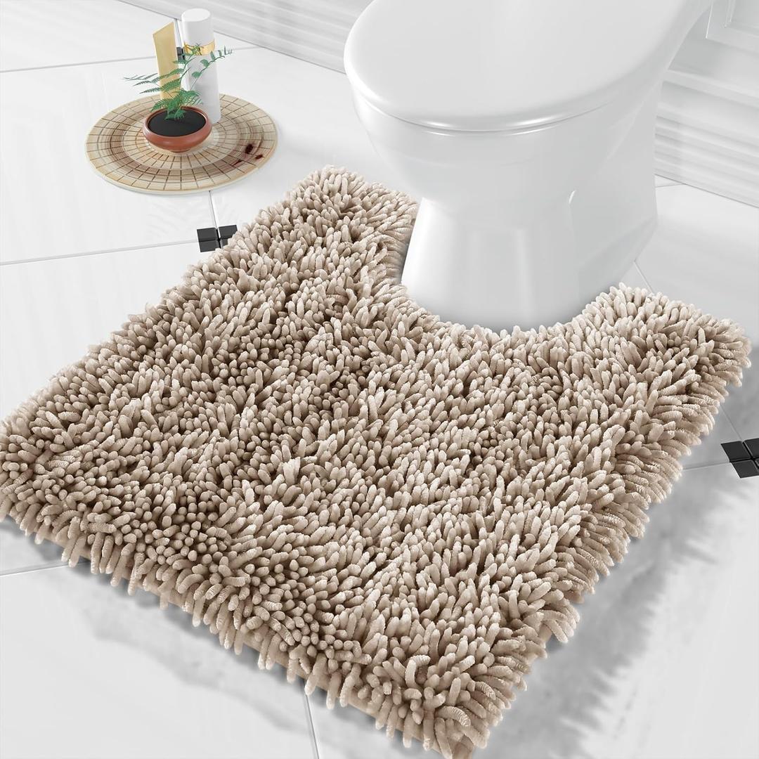 Yimobra Toilet Rugs U Shaped Washable, Soft Comfortable Toilet Mat for Bathroom Floor, Non-Slip Contour Bathroom Rugs for Toilet, Fluffy, Thick, Dry Quickly Absorbent Water, 24.4 x 20.4, Camel