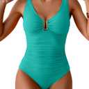 B2prity One Piece Swimsuit for Women Tummy Control Ruched Bathing Suit V Neck Push Up Swim Suit (Small, Aqua Green)