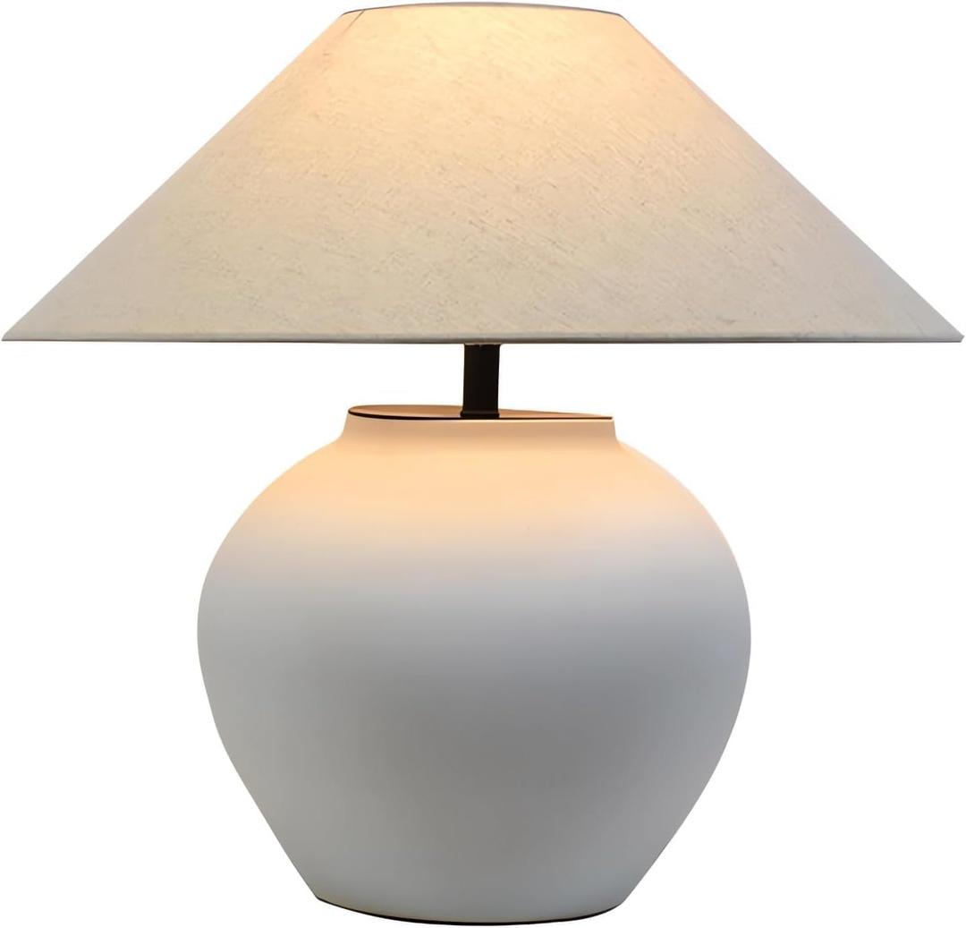 Rustic Farmhouse Table Lamps, Black 21.6” Tall Ceramic Table Lamp, Simple Textured Ceramic Lamp Body with White Textured Shade Bedside Table Lamp for Living Room Bedroom Office (White)