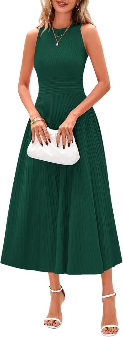 PRETTYGARDEN Spring Casual Dresses for Women 2026 Summer Business Work Midi Sleeveless A Line Pleated Cocktail Dress (Green, XXL)
