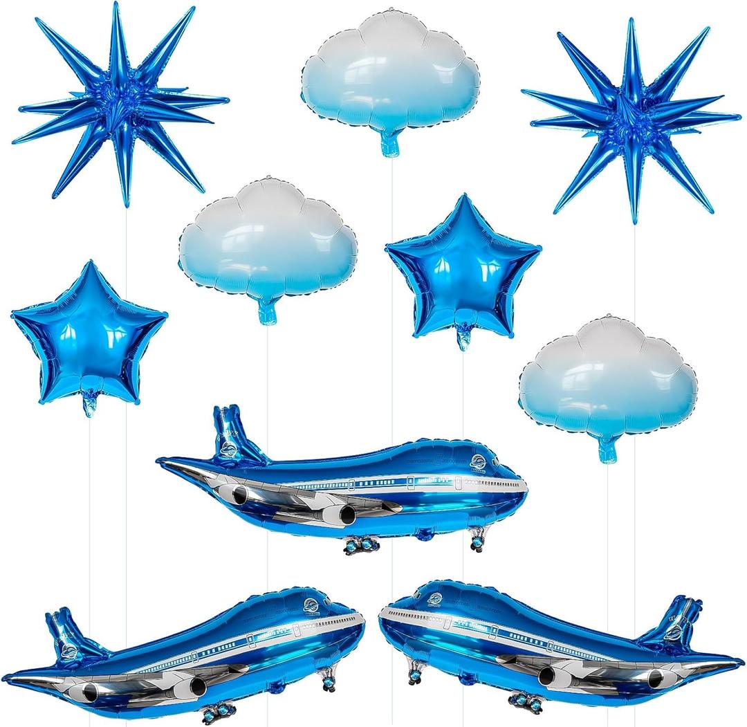 10 Pcs Large Airplane Party Balloons Set, Airplane Themed Foil Mylar Balloons for Baby Shower Toys Themed Party Birthday Decoration Supplies(Blue)