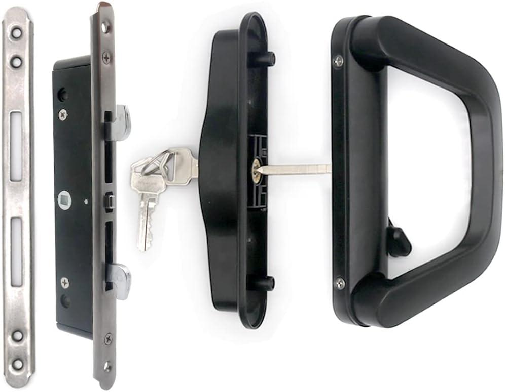 Sliding Patio Door Handle Set with Mortise Lock, Suitable for Sliding Glass Patio Door Thickness from 1.5in to 2in, 4-15/16" Screw Holes, Need to Drill, Reversible Design, Keyed, Black