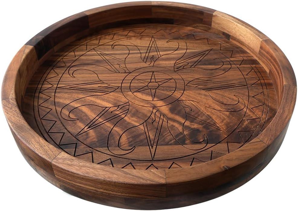 Walnut Tray, 12 Inches Ottoman Tray, Rustic Round Handcrafted Solid Wooden Candle Decorative Tray for Coffee Table Countertop, Home Decor, Farmhouse, Kitchen, Bar