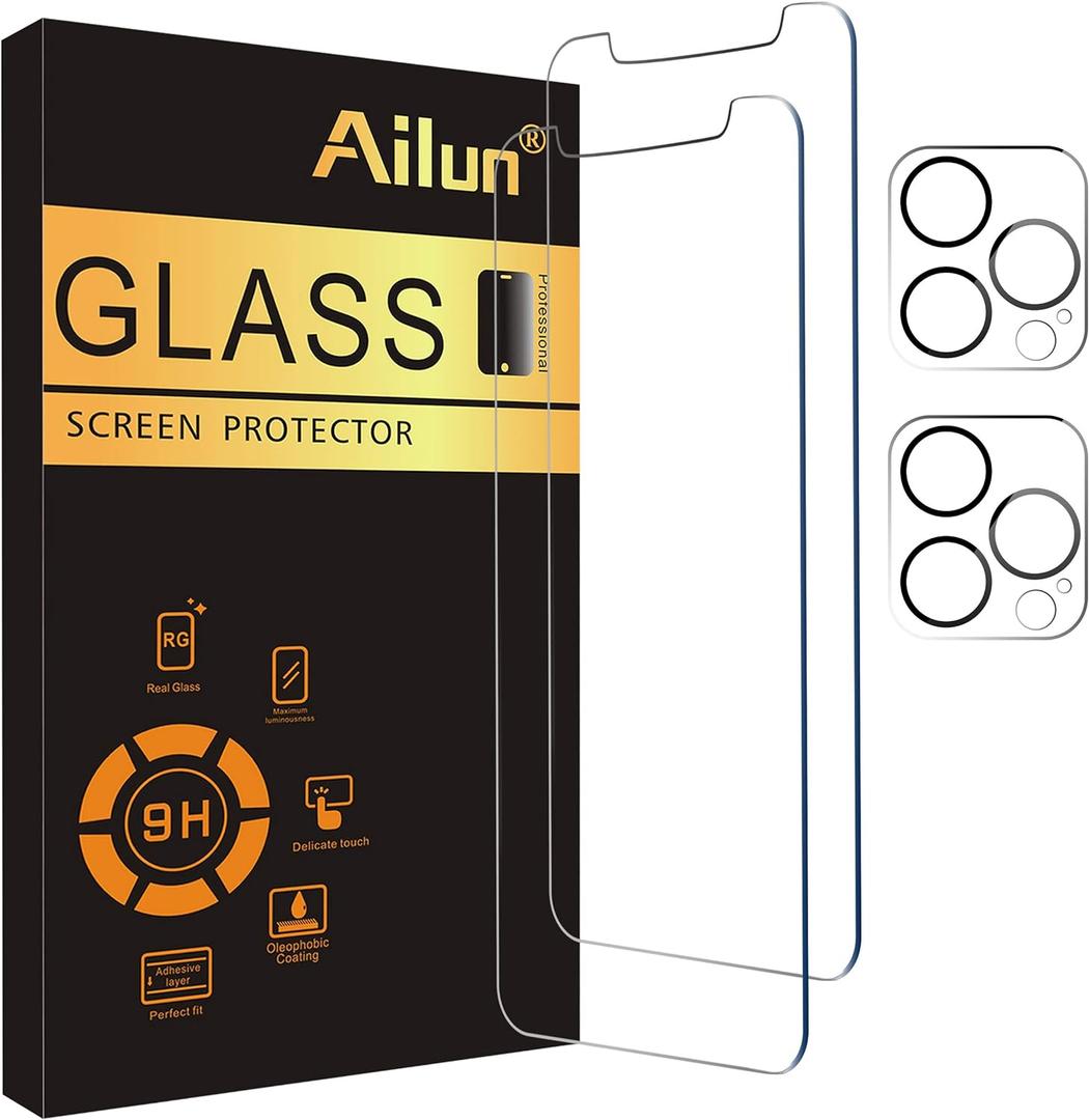 Ailun 2 Pack Screen Protector for iPhone 12 Pro Max [6.7 inch] + 2 Pack Camera Lens Protector, Case Friendly Tempered Glass Film,[9H Hardness]- HD