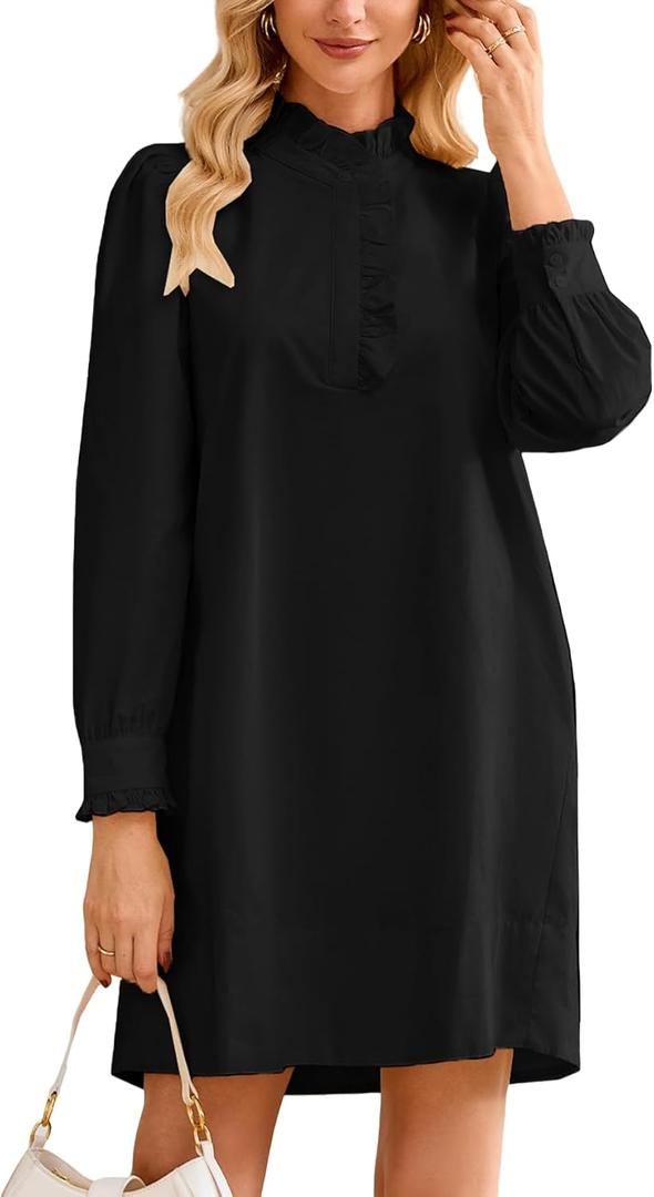 Women's Puff Long Sleeve Stand Ruffle Collar Mini Dress Casual A Line Shift Dress with Pockets, Size S