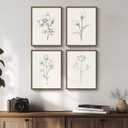 Vintage Floral Wall Art with Walnut Framed, 4 Piece Farmhouse Black and White Botanical Canvas Prints Painting, Rustic Minimalist Flower Pictures for Bedroom Kitchen Bathroom Living Room Home Decor