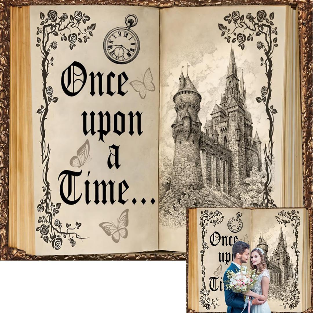 Once Upon a Time Backdrop Fairy Tale Books Ancient Castle Princess Photography Background Old Opening Book Romantic Story Wedding Birthday Party Decorations Banner Props 10x8ft