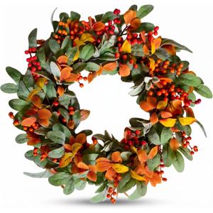 24 Inch Artificial Fall Wreath for Front Door, Autumn Wreath with Yellow Leaves, Grey Lamb's Ear & Orange Berries, Farmhouse Fall Decor for Harvest Thanksgiving Home Window Wall Decoration