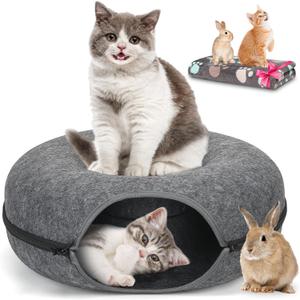 Peekaboo Cat Cave & Tunnel Bed - Detachable Donut Tunnel, Cat Blanket, Scratching & Hiding Nest for Indoor Cats up to 8 lbs (Dark Grey) (Medium(20''X20''X8'')