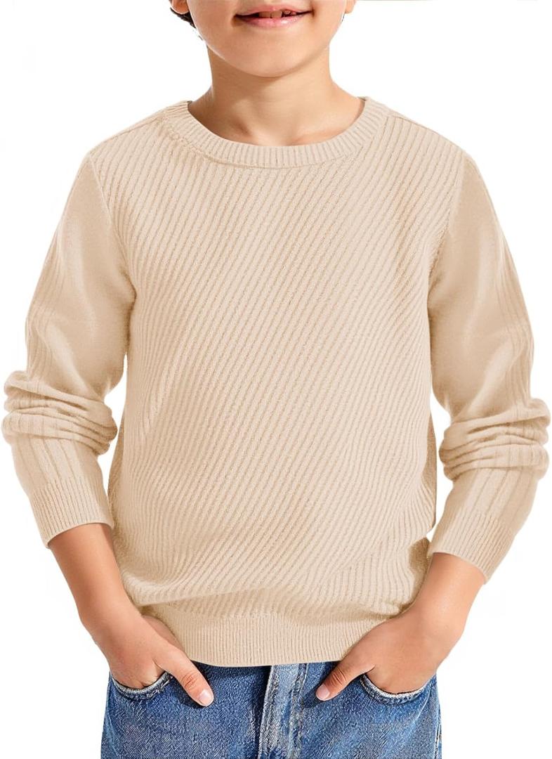 Haloumoning Boys Texture Sweater Kids Crewneck Long Sleeve Knit Pullover Sweater Fall Winter Clothes (9-10 Years, Beige)