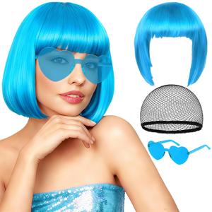 Sky Blue Short Bob Straight Hair Wigs with Bangs, 11inch Synthetic Heat Resistant Fiber Colorful Hair, Neon Heart-shaped Sunglasses and Wig Cap for Women, 80s 90s Costume, Halloween, Dress Up