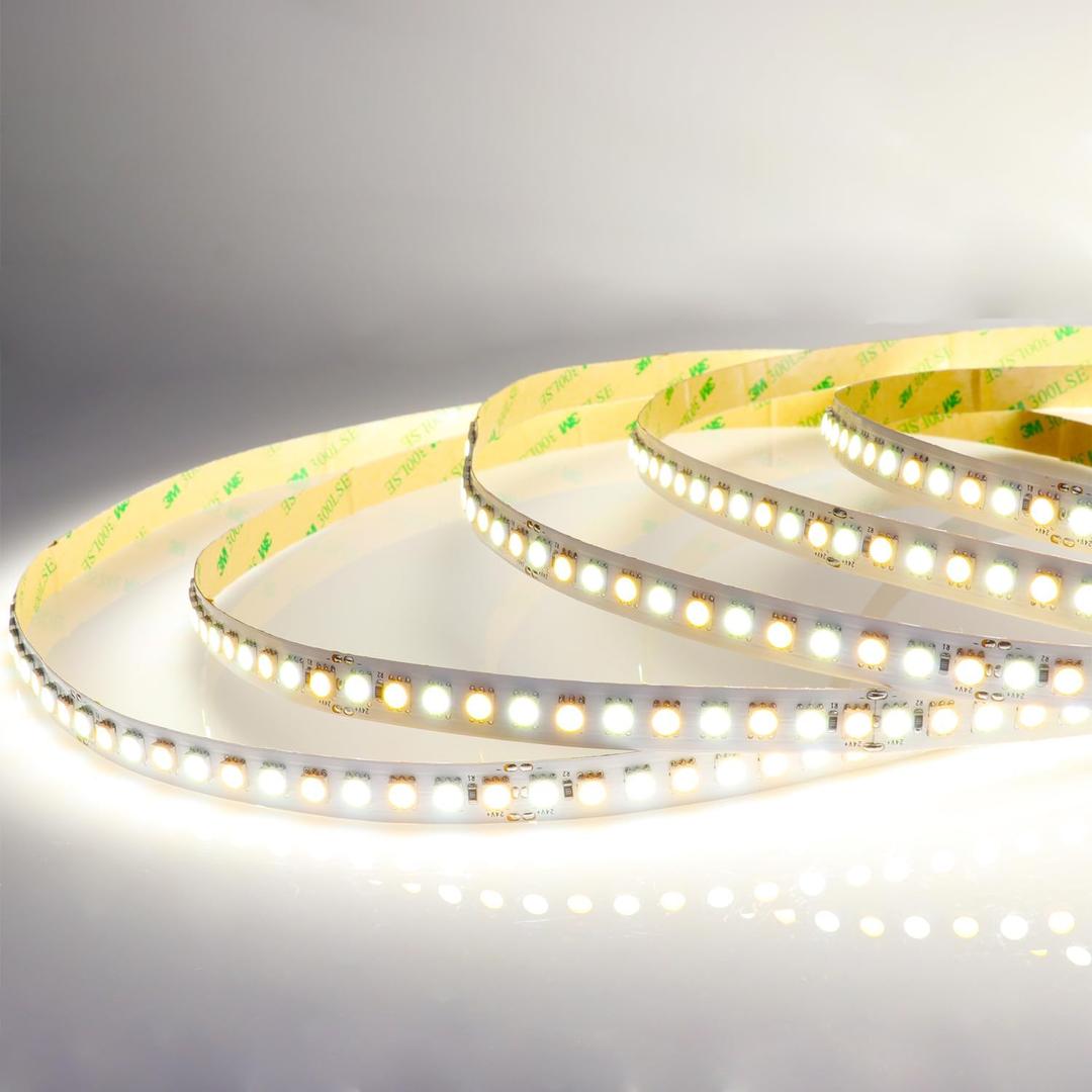 CCT Tunable White LED Strip Lights High Density 600LEDs SMD 5050 DC 24V Warm Daylight White Adjustable 2800K-6500K Flexible Light Strips 16.4ft Non-Waterproof for Bedroom Cabinet