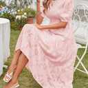 MEROKEETY Women's 2025 Summer Puff Sleeve Smocked Floral Dress Crewneck Lace Flowy Tiered Midi Dresses (Pink, S)