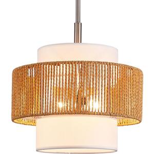 Rattan Drum Chandeliers Light Fixtures,Farmhouse 2 Light Boho Pendant Light Rustic Hand Woven Lighting for Dining Room Kitchen Island Living Room Bedroom,Brushed Nickel Finish Metal 12.5''