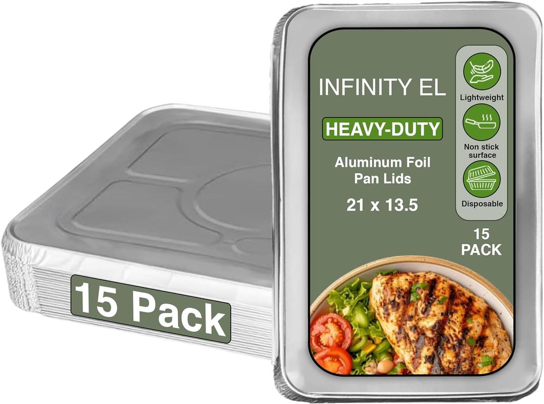 INFINITY EL 15 PACK FULL SIZE LIDS Disposable Aluminum Foil Lids | 21" x 13.5" Insulated Foil Pan Lids | Heavy Duty Aluminum Foil Lids for Catering, Food Storage, Turkey, Lasagna, Parties & Meal Prep