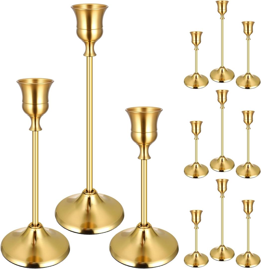 12PCS Brass Gold Taper Candle Holders Set, Vintage Metal Candlestick Holders for Table Centerpiece, Wedding Reception, Festive Christmas Mantel Decoration