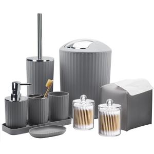 Bathroom Accessory Set - 10 Piece Grey Bathroom Accessories Set with Trash Can, Toothbrush Holder and Cup, Soap Dispenser, Soap Dish, Toilet Brush Holder, Vanity Tray, Qtip Holder, Tissue Box Cover