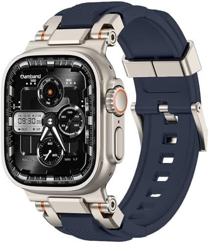 amBand Bands Compatible with Apple Watch Ultra 2/1 49mm, M1 Sport Series Rugged Durable Strap with Metal Connector to Match Ultra's Titanium Case for iWatch 49 mm Men Titanium/Navy Blue