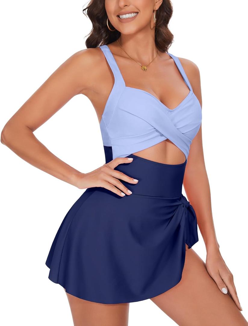 One Piece Swimsuit Women Tummy Control Swim Dress Sexy Criss Cross Tie Back Bathing Suit Blue, XX-Large