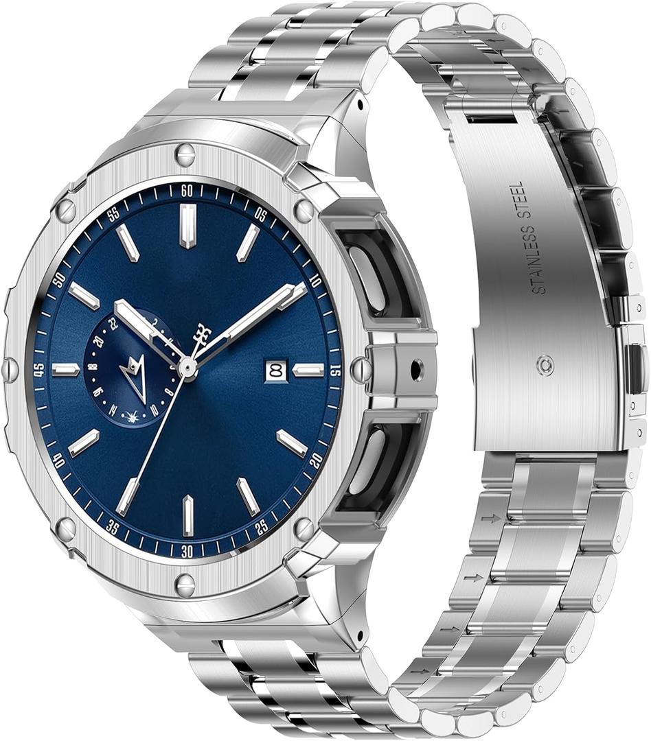 BAITEYOU Stainless Steel Bands with Case Compatible with Samsung Galaxy Watch 4 5 44mm, Rugged Protective Case Cover and Metal Band for Galaxy Watch 4 5 44mm for Men (Silver)