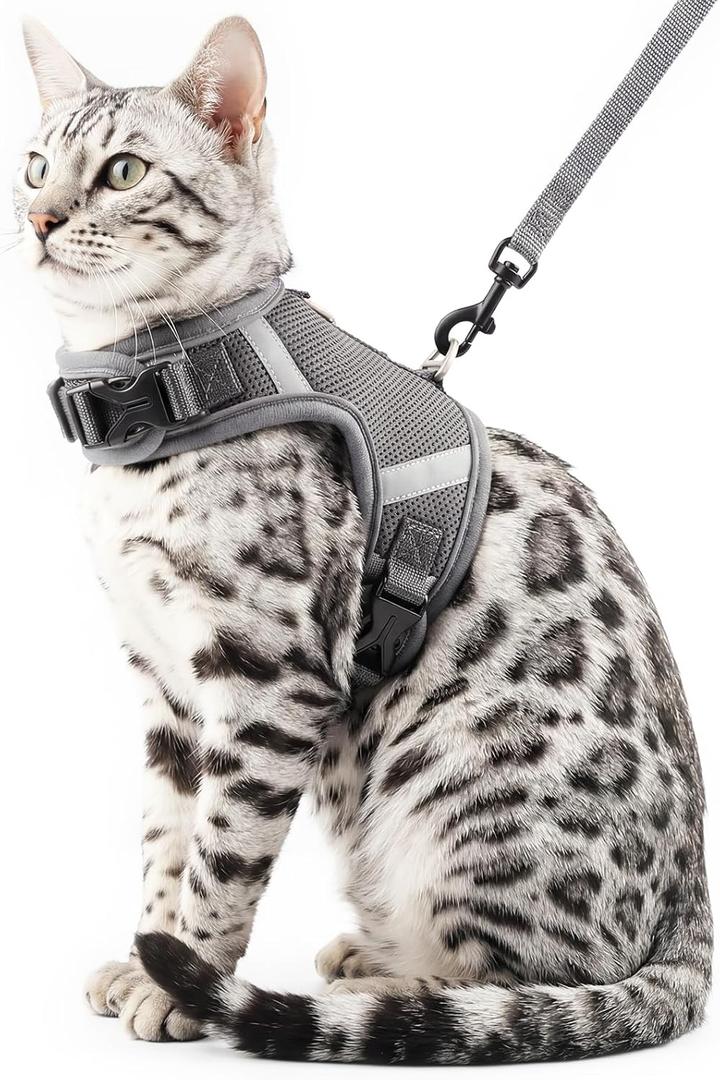 Cat Harness and Leash Escape Proof Kitten Harness Cat Leash for Walking Travel Service Cat Vest, Grey, X-Large