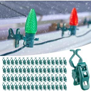 Minetom C7 C9 Christmas Light Clips Outdoor, 100 Count Universal Quick Christmas Light Spring Clips for Outside Roof Gutter Shingle Fence E12 E17 Base, Green