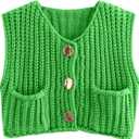 Hvewarm Womens Casual Chunky Knit Vest Gold Button Down Crop Crochet Sleeveless Sweater Vest (Green-S), Small (Green, S)