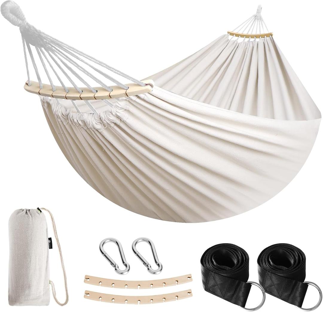 Anyoo Garden Cotton Hammock Comfortable Fabric Hammock with Spreader Bar Sturdy Hammocks Up to 450lbs Portable Lightweight Hammocks with Travel Bag for Camping Outdoor/Indoor Patio Backyard (White)