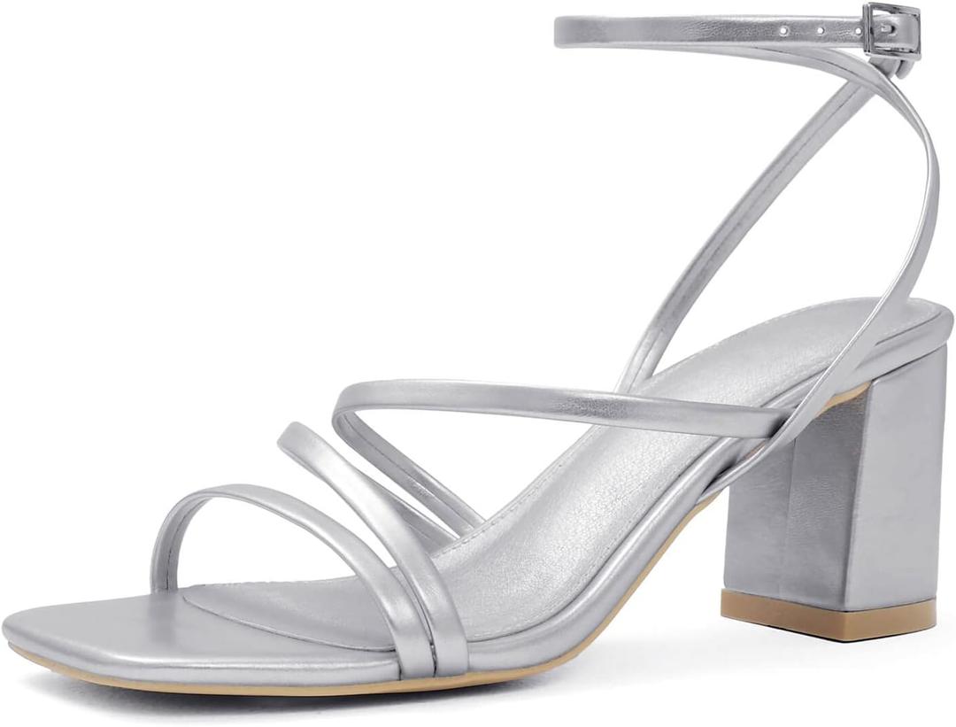 LACUONE Strappy Heels for women Block Heels Square Toe Chunky Ankle Buckle Pump Heeled Sandals (10, Silver)